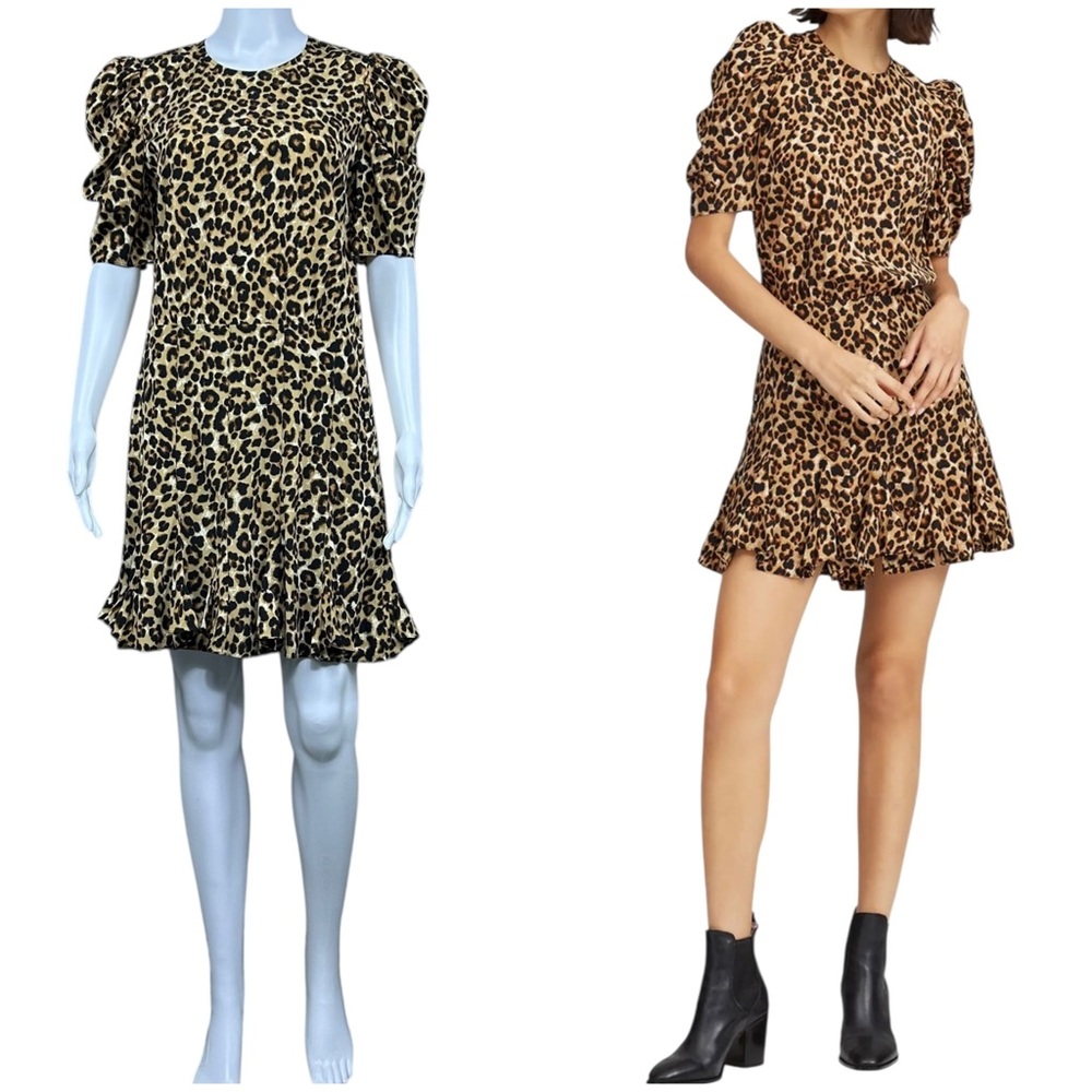 Veronica Beard Lila Silk Leopard Print Puff Sleeve Dress Size 6 Old Money